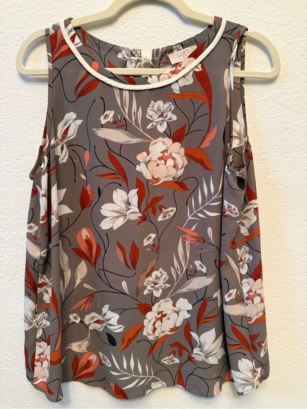 LOFT Gray Floral Cold-Shoulder Top with Red & White Blooms